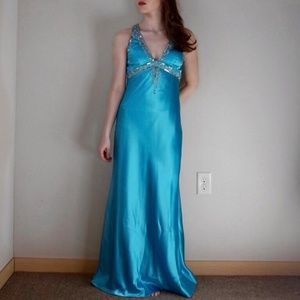 David's Bridal Blue Satin Beaded Elsa Prom Dress